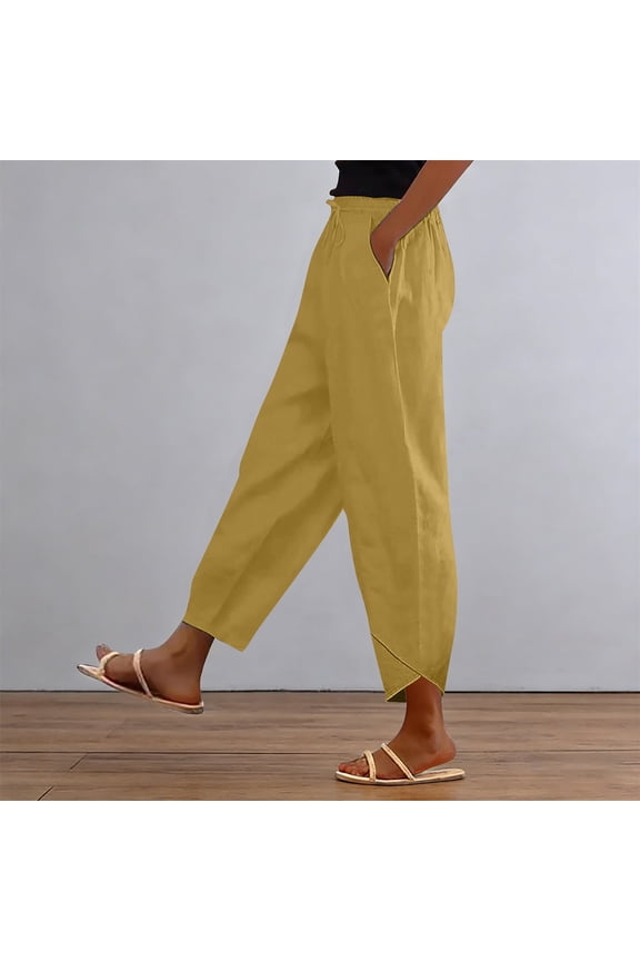 Womens Linen Pants Casual Short Stacked V Slub Cotton Trousers