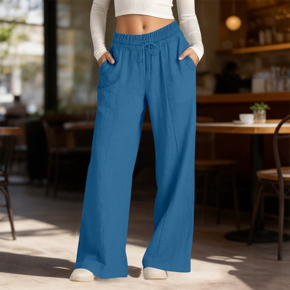 Womens Linen Pants Casual Summer Sporty Baggy Wide Leg Barrel Lounge Pants High Waisted Elastic Drawstring Trousers Straight Leg Track Pants(Blue,M)