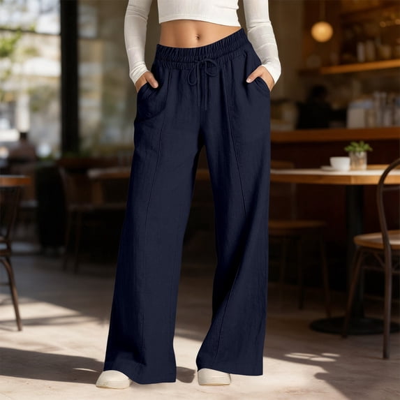 Womens Linen Pants Casual Summer Sporty Baggy Wide Leg Barrel Lounge Pants High Waisted Elastic Drawstring Trousers Straight Leg Track Pants(Navy,L)