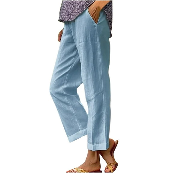 Womens Linen Pants New Cotton Linen Pants Women Summer Elastic Waist Crop Pants Plus Size Straight Leg Casual Trouser with Pocket Sweatpants Women Sky Blue 5XL