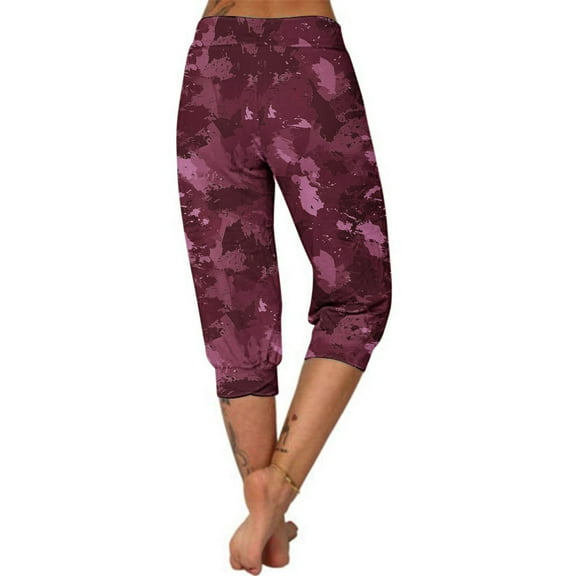 Womens Linen Pants New Women's Yoga Capris Pants Camouflage Print Loose Soft Workout Pants Outdoor Sports Casual Pants with Pockets Linen Trousers for Women New Wine XL