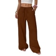 thumbnail image 1 of Womens Linen Pants Drawstring Elastic Waist Wide Leg Beach Pants for Women Cotton Linen Palazzo Pant with Pockets Coffee 2XL, 1 of 5