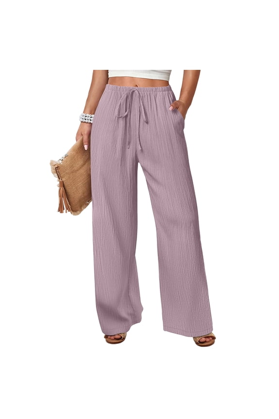 Womens Linen Pants Drawstring Elastic Waist Wide Leg Beach Pants for Women Cotton Linen Palazzo Pant with Pockets Pink XXL