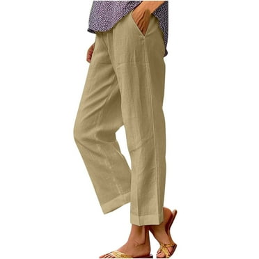 Womens Linen Pants Elastic Waist Lightweight Trouser Yoga Summer Beach Pant Comfy Straight Leg Pants with Drawstring