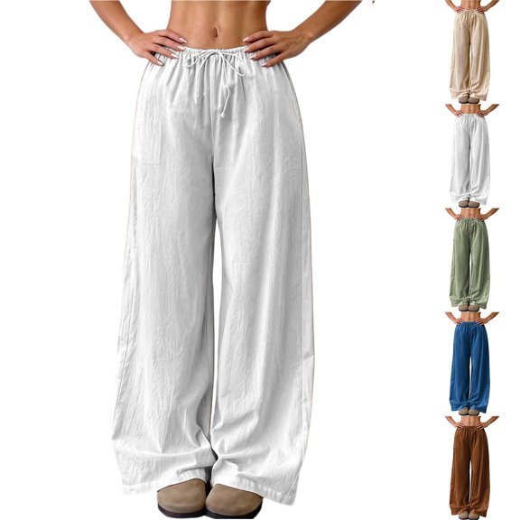 Womens Linen Pants Elastic Waist Wide Leg Palazzo Trousers Loose Fit Flowy Casual Boho Summer 2026 Beach Vacation with Pockets White S