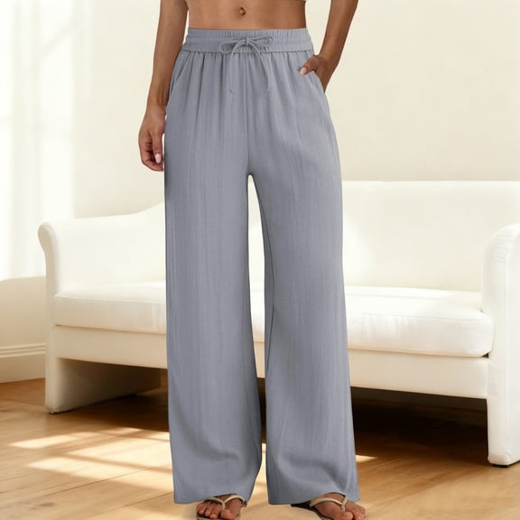 Womens Linen Pants Elastic Waist Wide Leg Trousers Flowy Palazzo Casual Boho Summer 2026 Beach Vacation Lounge with Pockets Gray 3XL
