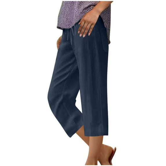 Womens Linen Pants Elastic Waist Drawstring Capris Pants High Waisted Wide Leg Trouser Summer Comfy Casual Loose Palazzo Pant Plain Cotton Joggers with Pockets Size S-3XL