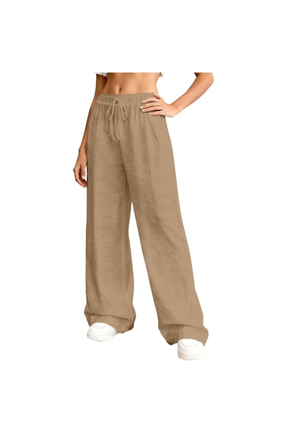 Womens Linen Pants High Waisted Drawstring Flowy Palazzo Pants Casual Lounge Trousers with Pockets Beach Summer 2026 Camel 2XL