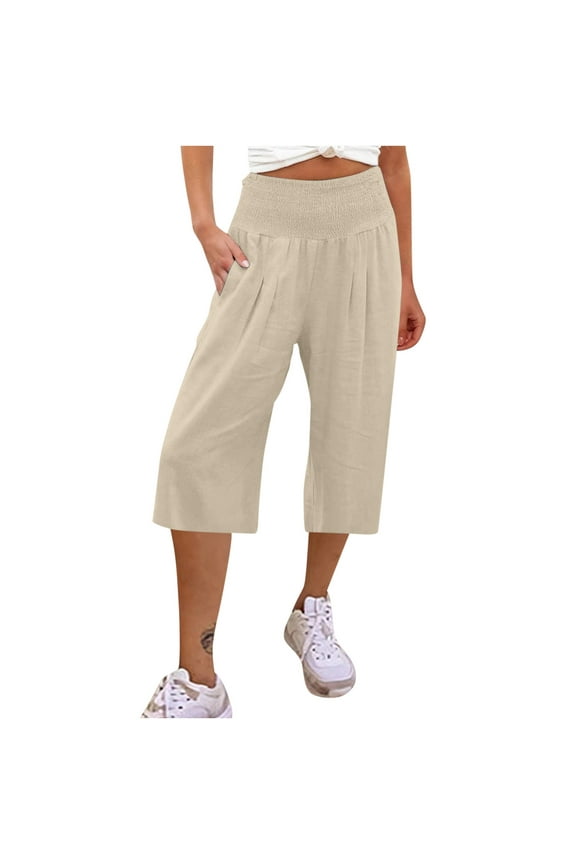 Womens Linen Pants High Waisted Wide Leg Drawstring Casual Loose High Waist Capri Pants Casual Loose Fitting Yoga Pants Khaki L