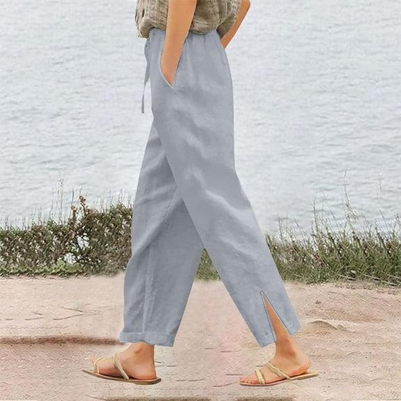 Womens Linen Pants Linen Boho Pants High Waisted Wide Leg Cropped Beach Comfortable Womens Wide Leg Dress Pants Light Gray XL