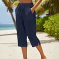 thumbnail image 1 of Womens Linen Pants , Loose Elastic Waist Straight Capris, Casual Summer Printed Pants, Navy,3XL, 1 of 4
