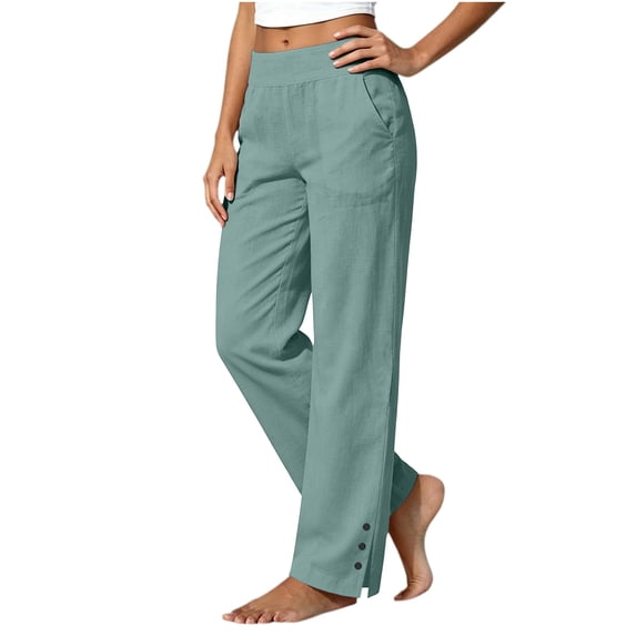 Womens Linen Pants Petite Casual Straight Leg Pants Ladies Elastic Waist Pull On Trousers With Pockets Soft Breathable Ankle Pants Split Button Design