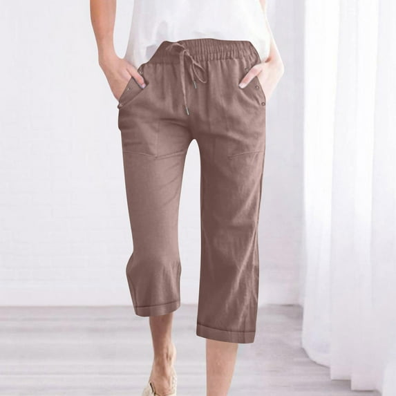 Womens Linen Pants Plus Size, Solid Color Drawstring Capris Linen Pants Casual Loose Button Decoration Pocket Trousers