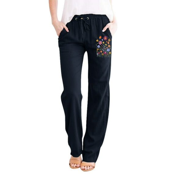Womens Linen Pants Printing Casual Loose Straight Leg Pants With Pockets Elastic High Waist Baggy Trousers Daily Fashion Commuting Workwear
