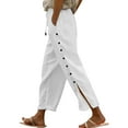 thumbnail image 1 of Womens Linen Pants Side-Buttoned Closure Joggers Side Slit Pants Pull-On High Waisted Drawstring Long Pant Palazzo Loose Fit Beachwear Lightweight Ankle Pants Straight Leg Capris Trousers, 1 of 6