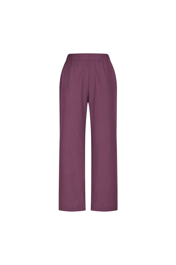 Womens Linen Pants Side Slit Elastic High Waist Straight Leg Lounge Palazzo Pant Casual Slacks Summer Trouser with Pockets