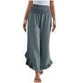 thumbnail image 1 of Womens Linen Pants Solid Color Ruffle Elastic Waist Cropped Capris Pants High Waisted Wide Leg Trouser Summer Comfy Casual Loose Palazzo Pant Plain Joggers Size S-XXL, 1 of 7