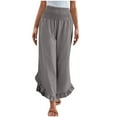 thumbnail image 1 of Womens Linen Pants Solid Color Ruffle Elasticated Waist Cropped Capris Pants High Waisted Straight Wide Leg Trouser Fall Comfort Casual Loose Palazzo Pant Plain Joggers Size S-XXL, 1 of 7