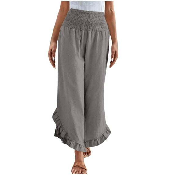 Womens Linen Pants Solid Color Ruffle Elasticated Waist Cropped Capris Pants High Waisted Straight Wide Leg Trouser Fall Comfort Casual Loose Palazzo Pant Plain Joggers Size S-XXL