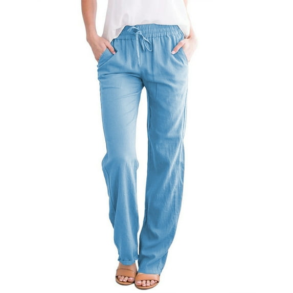 Womens Linen Pants Spring/Summer Pants High Waisted Wide Leg Drawstring Casual Loose Pants Trousers with Pockets S-3XL