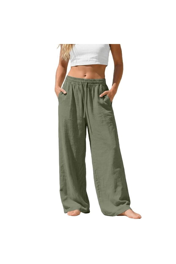 Womens Linen Pants Summer Boho Flowy Casual Drawstring Elastic Waist Wide Leg Palazzo Pant Beach Vacation Clothes Army Green 2XL