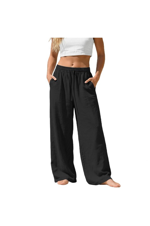 Womens Linen Pants Summer Boho Flowy Casual Drawstring Elastic Waist Wide Leg Palazzo Pant Beach Vacation Clothes Black 3XL