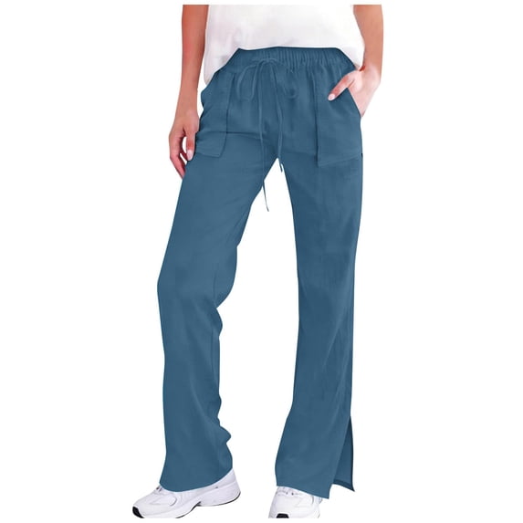 Womens Linen Pants Summer Drawstring Casual Side Split Lounge Pant 2026 Beach Travel Vacation with Pockets