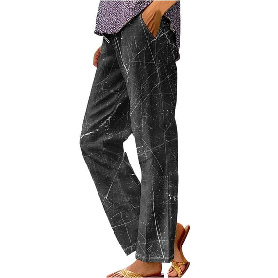 Womens Linen Pants Vintage Lounge Straight Leg Pants Fashion Stain Print Loose Beach Trousers Slacks with Pockets