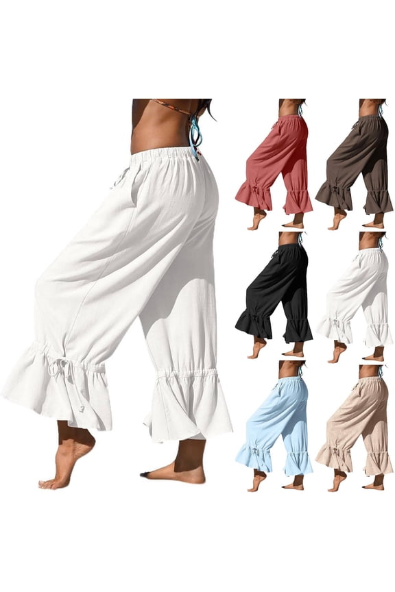 Womens Linen Pants Wide Leg Casual Cropped Ruffle with Ties Palazzo Flowy Drawstring Loose Cute Pants with Pockets White S