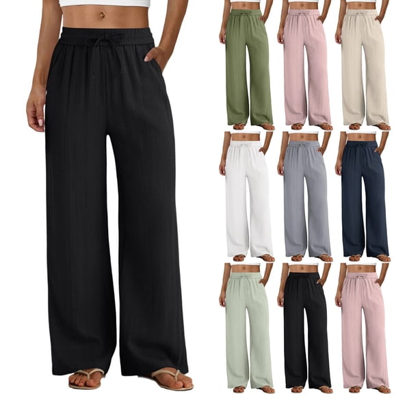Womens Linen Pants Wide Leg Trousers Drawstring Waist Palazzo Flowy Casual Boho Summer 2026 Beach Travel Lightweight with Pockets Black 3XL
