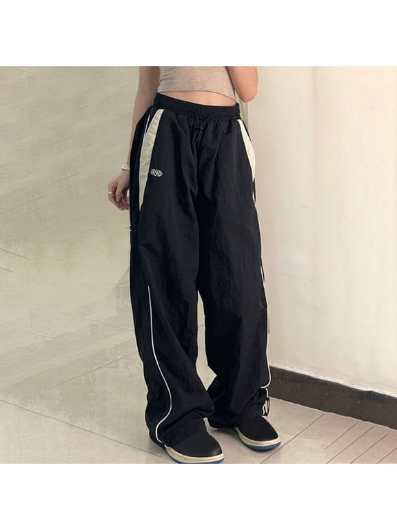 Womens Linen Pants Women's Parachute Pants - High Waist Elastic Wide Leg Loose Trousers with Contrast Side Stripe, Lightweight Windbreaker Casual Pants for Streetwear Dance Black L