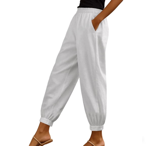 Womens Linen Pants with Pockets Casual Elastic Waisted Barrel Pants Ankle Length Solid Travel Lounge Trousers (M, White)