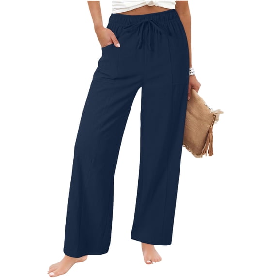 Womens Linen Pants with Pockets Casual Lightweight Drawstring Elastic Waist Trouser Solid Color Straight Leg Pants Summer Travel Outfits