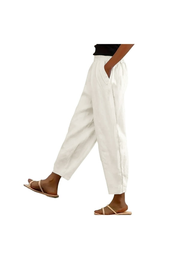 Womens Linen Pants with Pockets Loose Elastic Waist Summer Beach Trousers Side Split Hem Pants Solid Casual Work Trousers