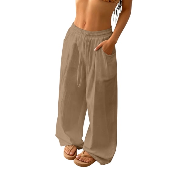 Womens Linen Pants with Pockets Yoga Loose Fit Elastic Wide Leg Casual Trousers Drawstring Lightweight Stretchy Fashion Outfits Camel M
