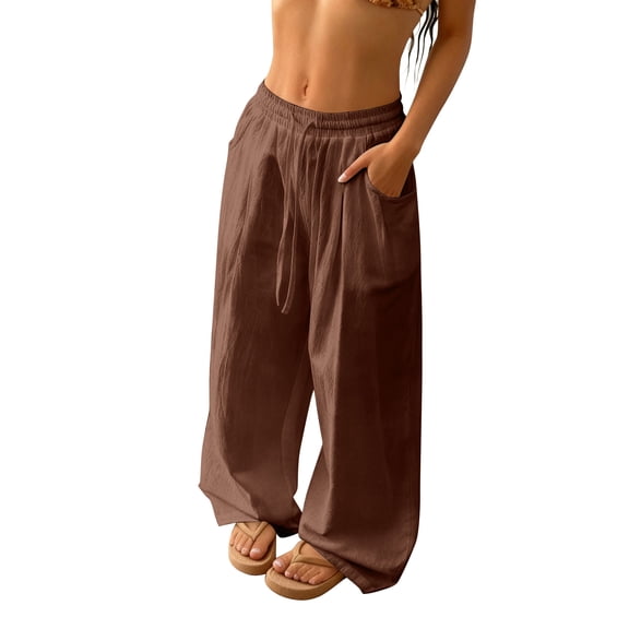 Womens Linen Pants with Pockets Yoga Loose Fit Elastic Wide Leg Casual Trousers Drawstring Lightweight Stretchy Fashion Outfits Coffee S