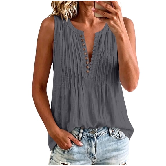 Womens Linen Pleated Tank Top V Neck Button Front Babydoll Shirt Y2K Sleeveless Ruffle Peplum Blouse Summer Tunic Vest