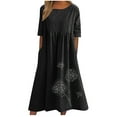 thumbnail image 1 of Womens Linen Plus Size Summer Long Maxi Dresses Pockets Dandelion Printed Crew Neck Casual Short Sleeve Sundress (3XL, Black), 1 of 5