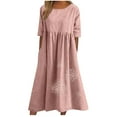 thumbnail image 1 of Womens Linen Plus Size Summer Long Maxi Dresses Pockets Dandelion Printed Crew Neck Casual Short Sleeve Sundress (X-Large, Pink), 1 of 5