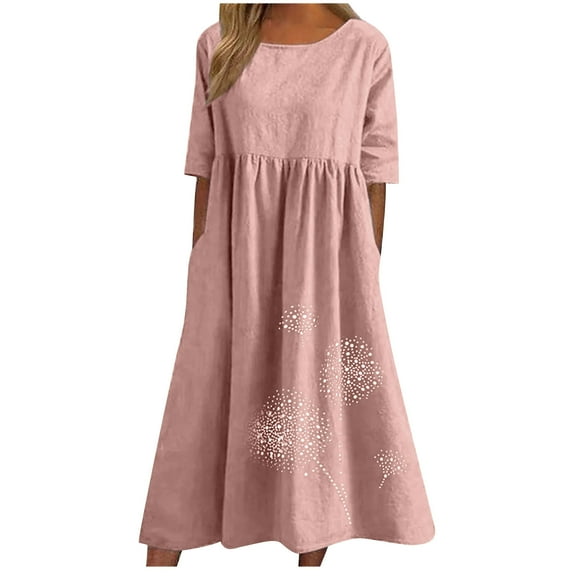 Womens Linen Plus Size Summer Long Maxi Dresses Pockets Dandelion Printed Crew Neck Casual Short Sleeve Sundress (X-Large, Pink)