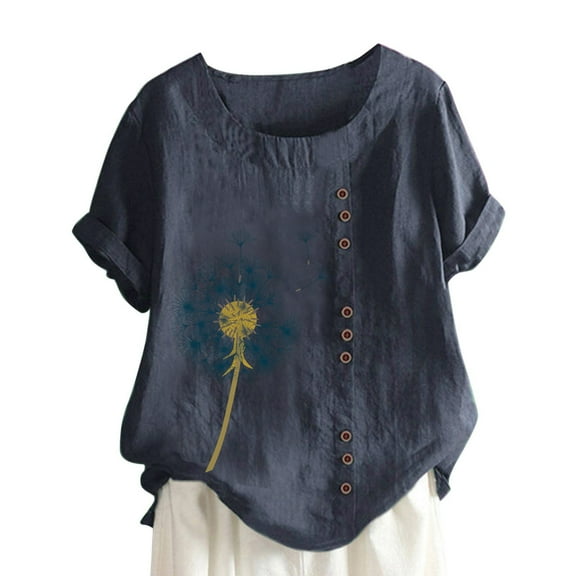 Womens Linen Plus Size Tops Dandelion Print Button Crew Neck Short Sleeve Tshirts Beach Vacation Summer Clothes (3XL, Navy)