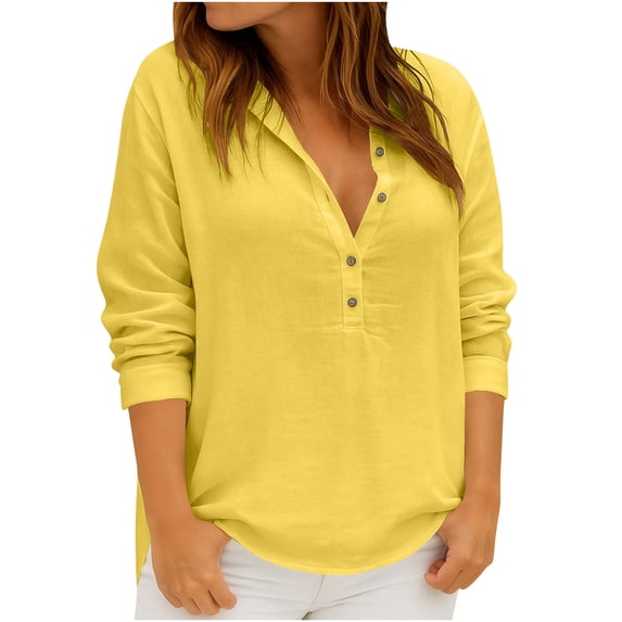 Womens Linen Plus Size Tops with Buttons V Neck Long Sleeve Pullover Loose Casual Summer Spring Tee Shirts (3XL, Yellow)