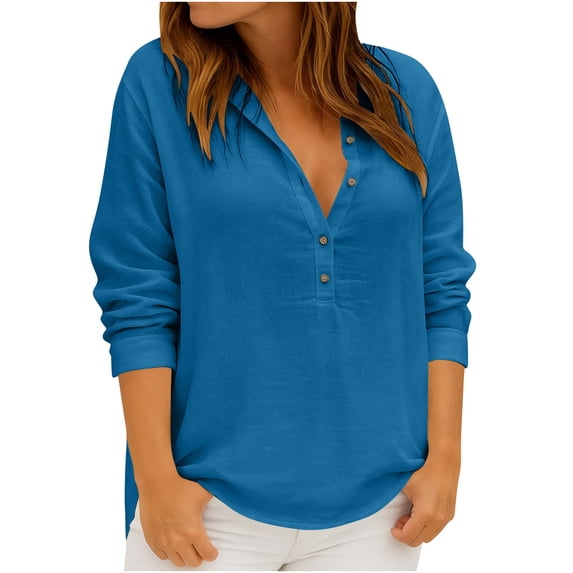 Womens Linen Plus Size Tops with Buttons V Neck Long Sleeve Pullover Loose Casual Summer Spring Tee Shirts (L, Blue)