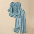 thumbnail image 1 of Womens Linen Set 2 Piece Outfits, Embroidered Shirt Wide Leg Pants With Pockets Soft Breathable Fabric Casual Summer Daily Wear Outfit, 1 of 5