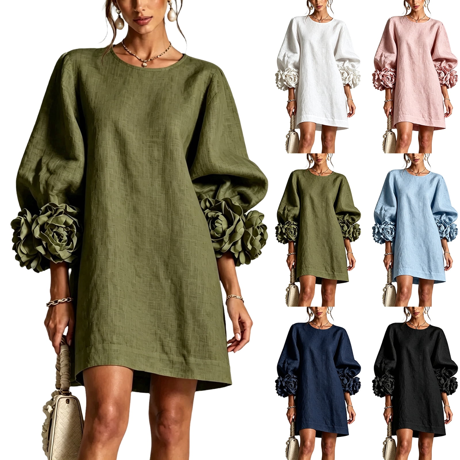 Womens Linen Shift Dress 3D Flower Cuff Round Neck Loose Fit Button ...