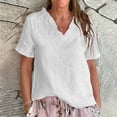 thumbnail image 1 of Womens Linen Shirt Casual Short Sleeve V Neck Cotton Blouse Loose Fit Work Gauze Tops 2025 Fashion Outfits, 1 of 6
