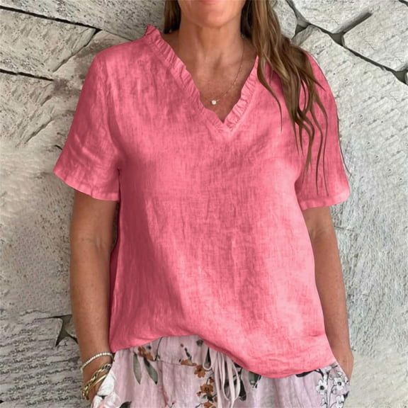 Womens Linen Shirt Casual Short Sleeve V Neck Cotton Blouse Loose Fit Work Gauze Tops 2025 Fashion Outfits