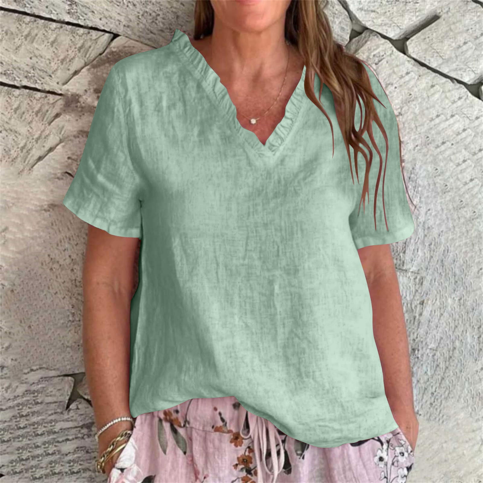 Womens Linen Shirt Casual Short Sleeve V Neck Cotton Blouse Loose Fit ...
