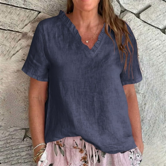 Womens Linen Shirt Casual Short Sleeve V Neck Cotton Blouse Loose Fit Work Gauze Tops 2025 Fashion Outfits