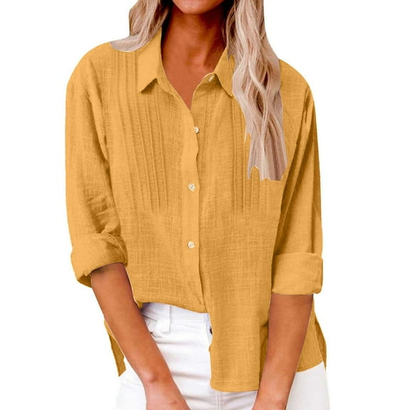Womens Linen Shirt Long Sleeve Pleated Button Down Blouse Spring Summer Casual Loose Fit Lightweight Tops Women Top Long Fall Flannel Women Shirts Classic Button down Long Sleeve for Women Dressy Tops
